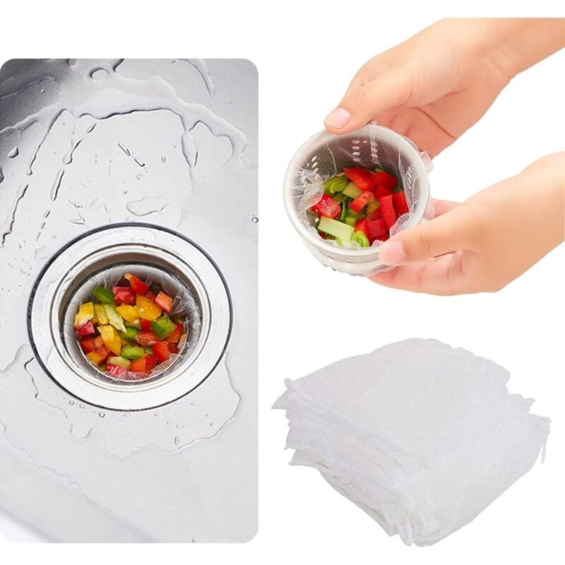 foto del prodotto tonchean filtro per lavello da cucina, 100 pezzi filtro a rete per fognatura, sacchetti filtro monouso per lavello con scatola di immagazzinaggio,