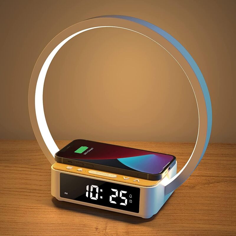 foto del prodotto tonchean lampada da notte a led, lampada da scrivania, luce notturna, 3 livelli di luminosit e caricabatterie wireless, lampada con orologio, luce