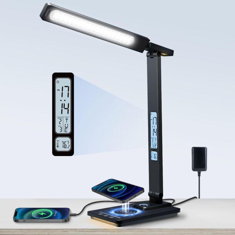 foto del prodotto tonchean lampada da scrivania a led con caricabatterie wireless e porta usb, lampada da tavolo touch, 5 colori, 5 livelli di luminosit , display