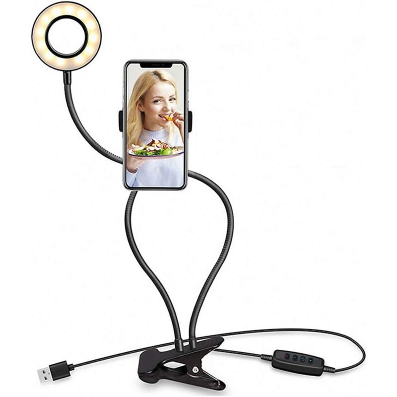 foto del prodotto tonchean lampada da scrivania, dimmerabile a 3 colori con supporto per clip video per streaming live, video chat, facebook, trucco, bracci girevoli