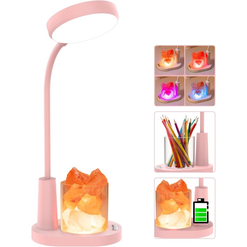 foto del prodotto tonchean lampada da scrivania per bambini, lampada da tavolo in sale dell himalaya, luce notturna che cambia colore automaticamente con portapenne,