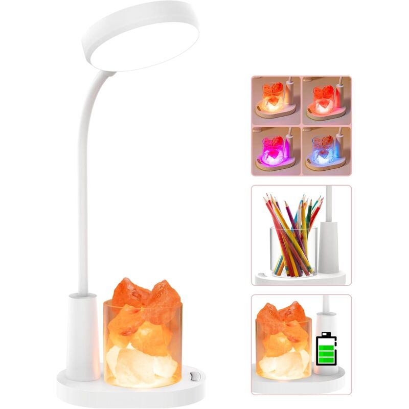 foto del prodotto tonchean lampada da scrivania per bambini, lampada da tavolo in sale dell himalaya, luce notturna con cambio colore automatico con portapenne, luce