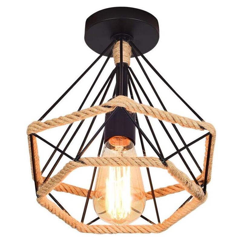 foto del prodotto tonchean lampada da soffitto retr vintage, lampada da soffitto industriale, forma di diamante, gabbia di metallo con corda di canapa, lampada a