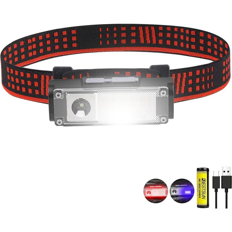 foto del prodotto tonchean lampada frontale a led ricaricabile, torcia frontale con 4 modalit di illuminazione, luce rossa e blu, impermeabile, regolabile,