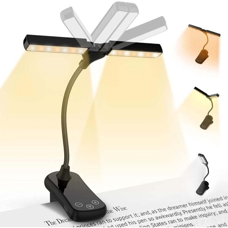 foto del prodotto tonchean - luce di lettura per leggere a letto - mini lampada da lettura touch con doppia testa, 14 led, lampada a morsetto ricaricabile, oscuramento