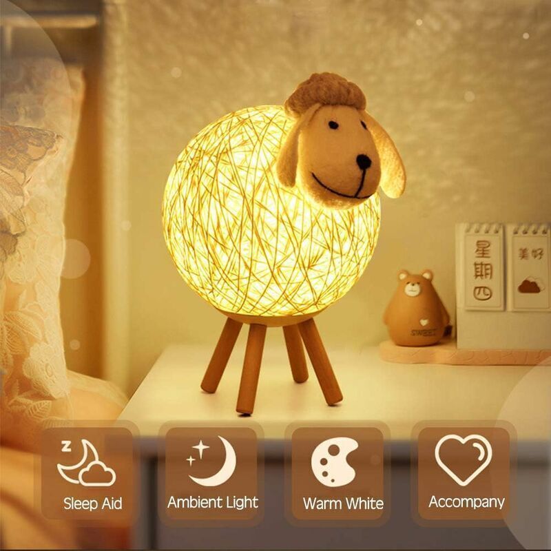 foto del prodotto tonchean luce notturna a led, lampada da comodino in rattan di pecora, proiettore di luce notturna per bambini, luce notturna a led per camera da