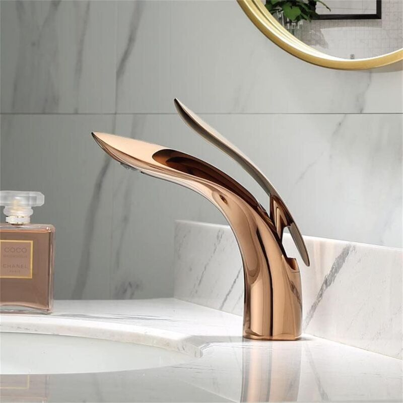 foto del prodotto tonchean miscelatore per lavabo in rame massiccio color oro rosa, rubinetto moderno e semplice