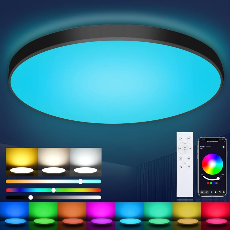 foto del prodotto tonchean plafoniera led dimmerabile tonda piatta nera 36w lampada da soffitto con telecomando, rgb controllabile tramite app, 2700k 6500k lampada