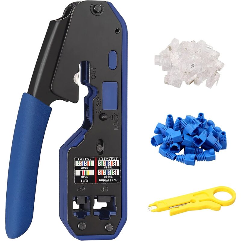 foto del prodotto tonchean proster rj45 crimping tool cat5 cat5e cat6 cat6a rj 11, 6p rj 12, 8p rj 45 con 50 connettori 50 coperture 1 spelafili terminali per cavi