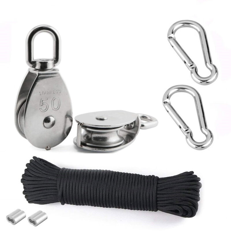 foto del prodotto tonchean puleggia di sollevamento, 2 pezzi 50mm 304 puleggia in acciaio inossidabile, 2 pezzi m50 puleggia singola, per corde e cavi, con corda da