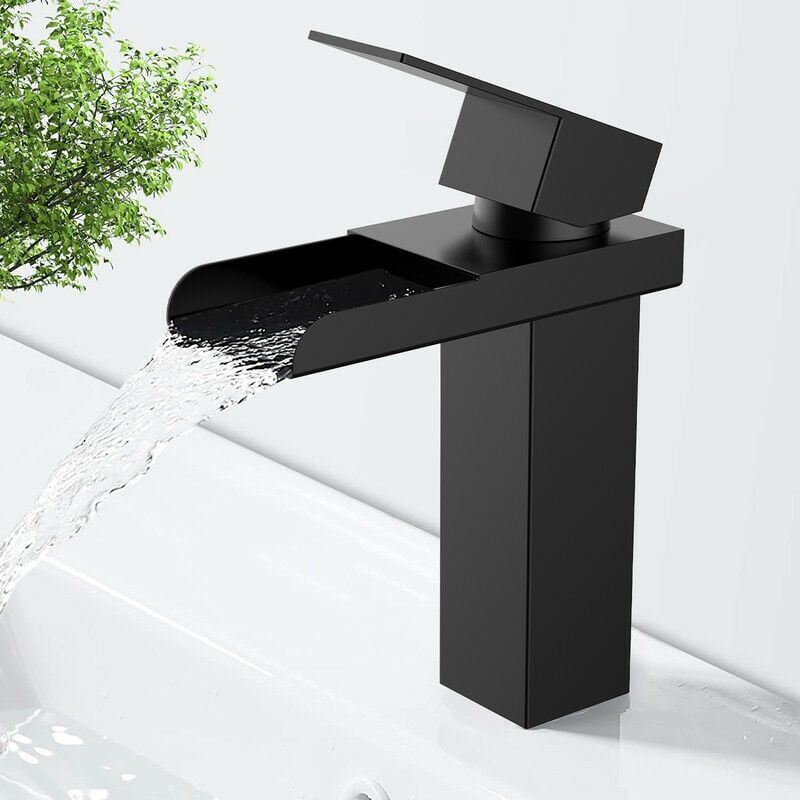 foto del prodotto tonchean rubinetto a cascata nero, miscelatore monoforo per lavabo, rubinetto per lavabo da bagno con maniglia singola in acciaio inox