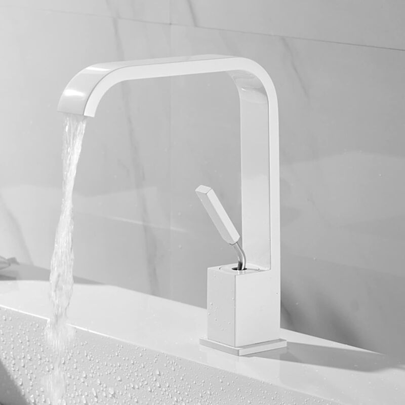foto del prodotto tonchean rubinetto per bagno a cascata, ottone, acqua calda e fredda, foro singolo, beccuccio a cascata, maniglia singola, lavandino bianco per