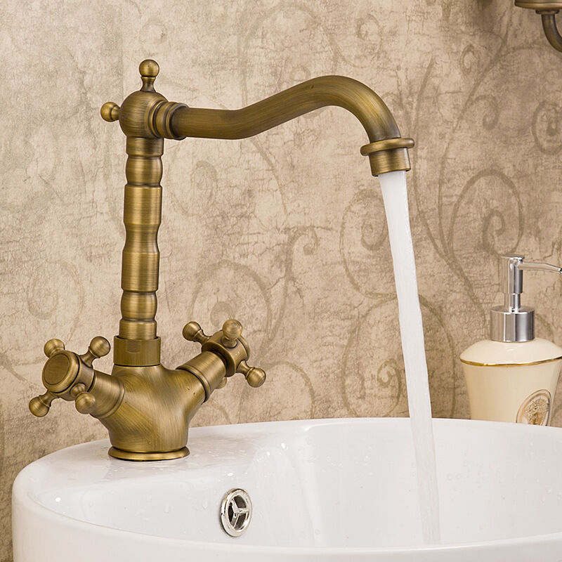 foto del prodotto tonchean rubinetto per lavabo con doppia maniglia in bronzo antico, miscelatore monoforo per acqua calda e fredda per cucina e bagno
