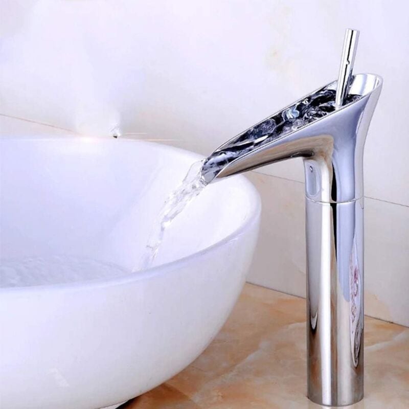 foto del prodotto tonchean rubinetto per lavabo da bagno a cascata, bronzo oliato, maniglia singola, un foro, maniglia argentata