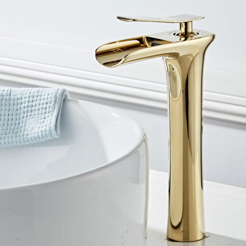 foto del prodotto tonchean rubinetto per lavabo da bagno a cascata in oro, in ottone massiccio, miscelatore per lavabo con acqua calda e fredda, rubinetto per lavabo