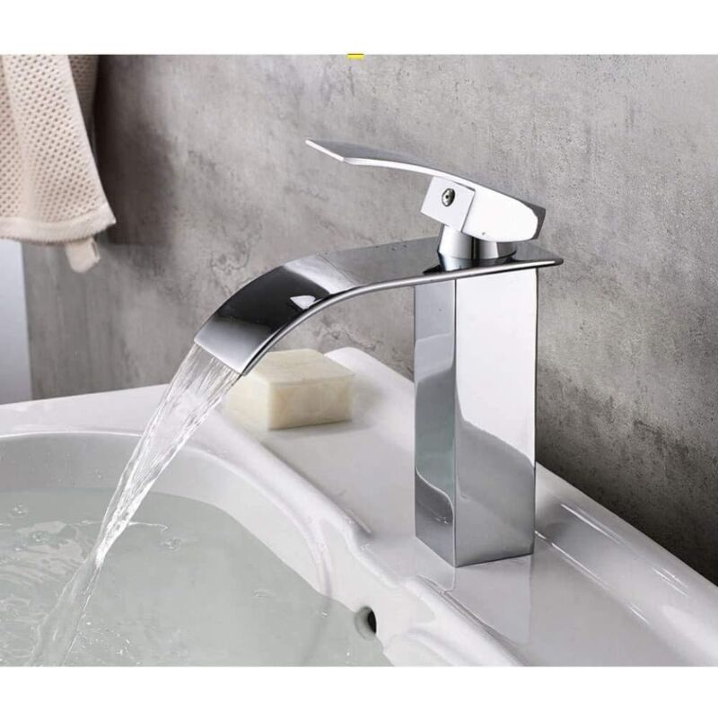foto del prodotto tonchean rubinetto per lavabo in ottone, design a cascata piatta, montaggio su piano, maniglia singola, foro singolo, lavandino del bagno,