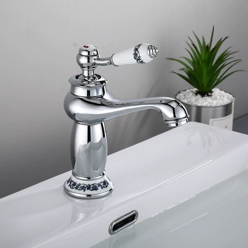 foto del prodotto tonchean rubinetto per lavabo retr floreale con collo lungo in ottone, ceramica, porcellana, bianco e nero, porta acqua calda e fredda cromo 