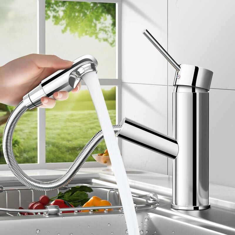 foto del prodotto tonchean rubinetto per lavandino del bagno estraibile con maniglia singola, miscelatore per acqua calda e fredda, montaggio sul ponte, argento
