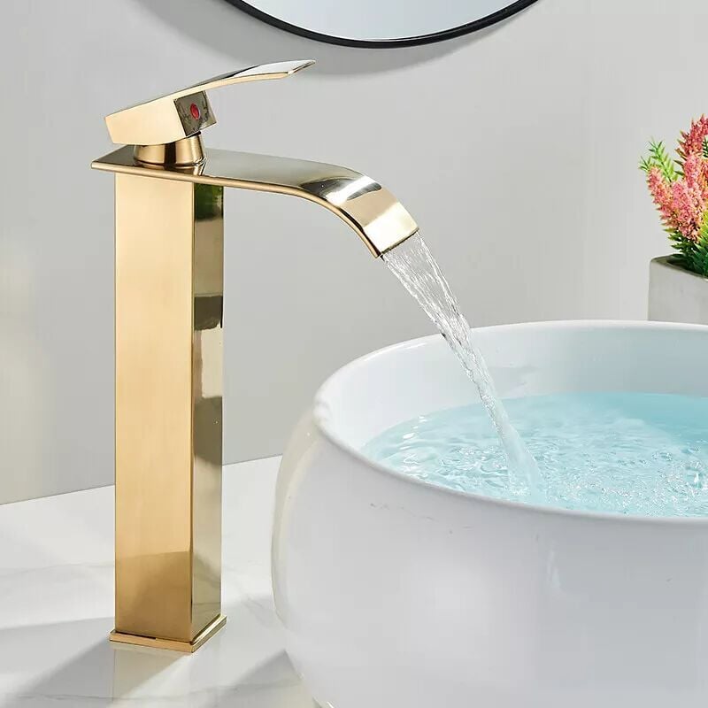 foto del prodotto tonchean rubinetto per lavandino del bagno rubinetto per lavandino del bagno a cascata dorata con beccuccio alto rubinetto per lavabo a cascata