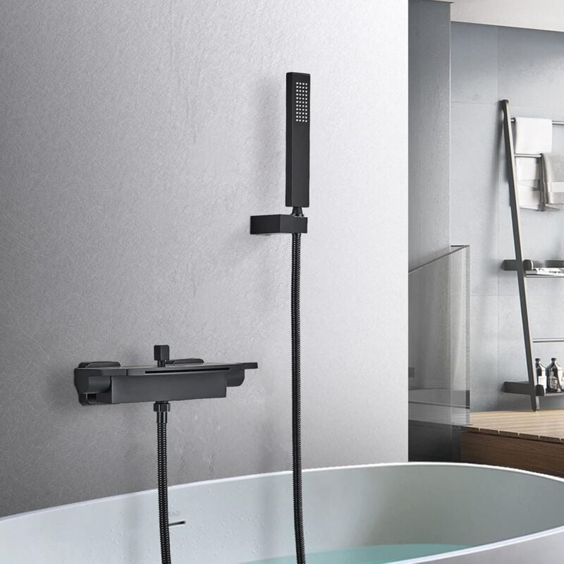 foto del prodotto tonchean rubinetto per vasca da bagno, rubinetto per vasca da bagno a cascata, con doccia, rubinetto per bagno a parete, 2 manopole, nero