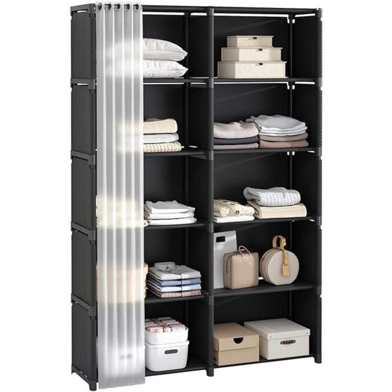 foto del prodotto tonchean scaffale portaoggetti a 6 ripiani, scomparti con tende, libreria portatile, nero, mobiletto portaoggetti multifunzionale, ideale per