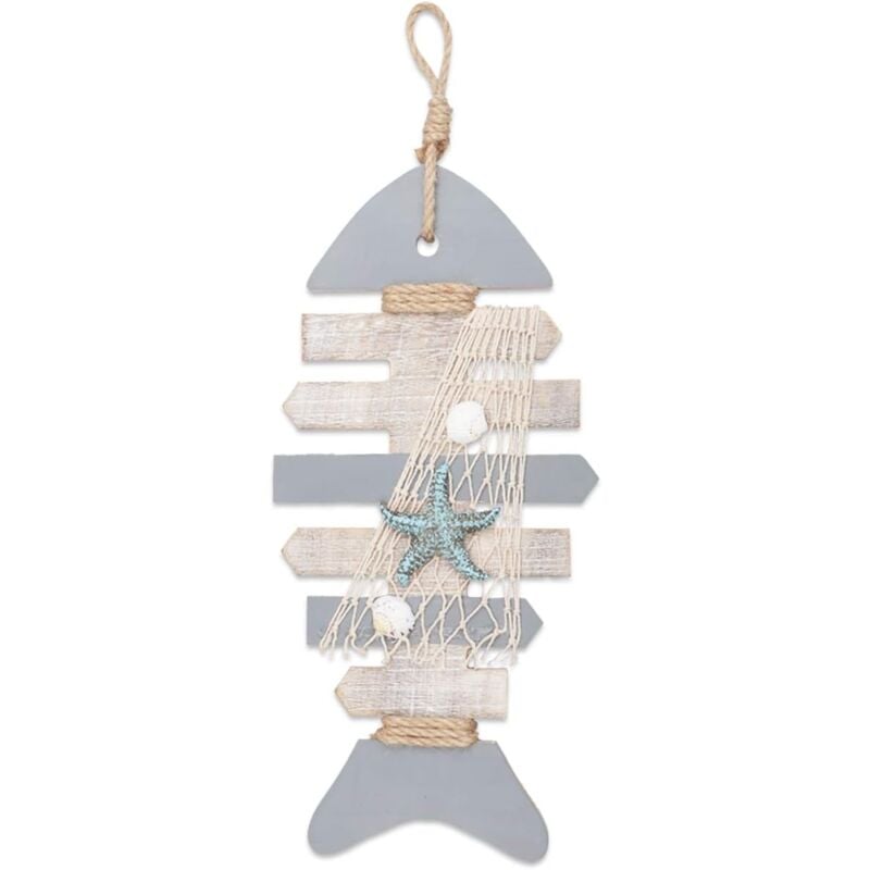 foto del prodotto tonchean scheletro di pesce in legno da 40 cm con stelle marine e conchiglie per arredamento nautico, ornamento da appendere alla porta a tema