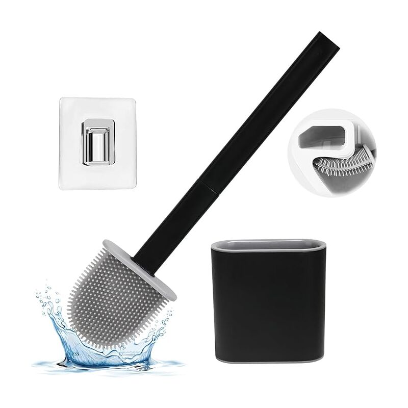 foto del prodotto tonchean scopino per wc, scopino per wc in silicone con supporto per pulizia profonda, montaggio a pavimento o a parete, nero