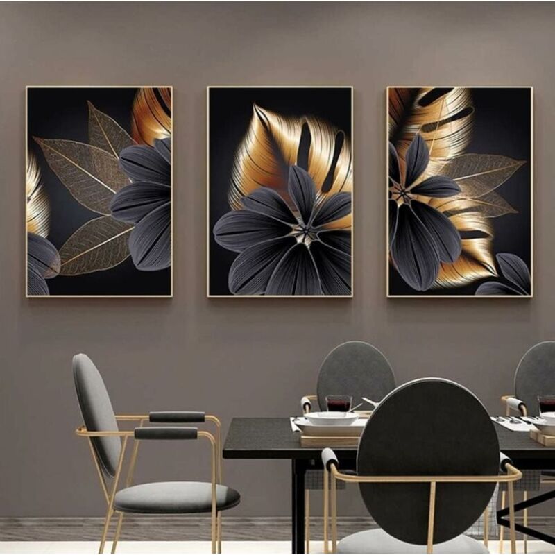 foto del prodotto tonchean set di 3 poster su tela stampa di foglie di piante stampa moderna decorazione da parete nero oro 40 x 50 cm 