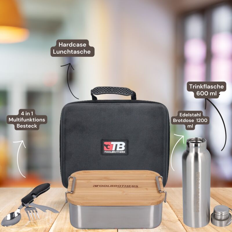 foto del prodotto toolbrothers fan lunch box con borsa impermeabile in acciaio inox con coperchio in bamb 1200 ml borraccia in acciaio inox 600 ml posate