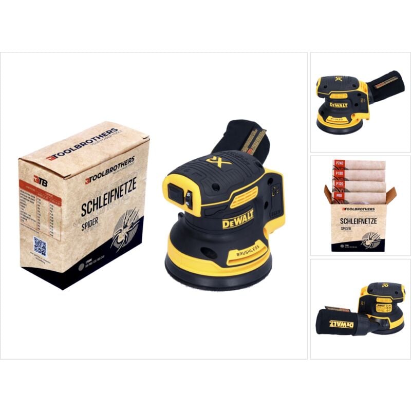 foto del prodotto toolbrothers spider set abrasivo di rete + levigatrice rotorbitale a batteria dcw 210 n 18 v 125 mm brushless - senza batteria, senza caricabatterie