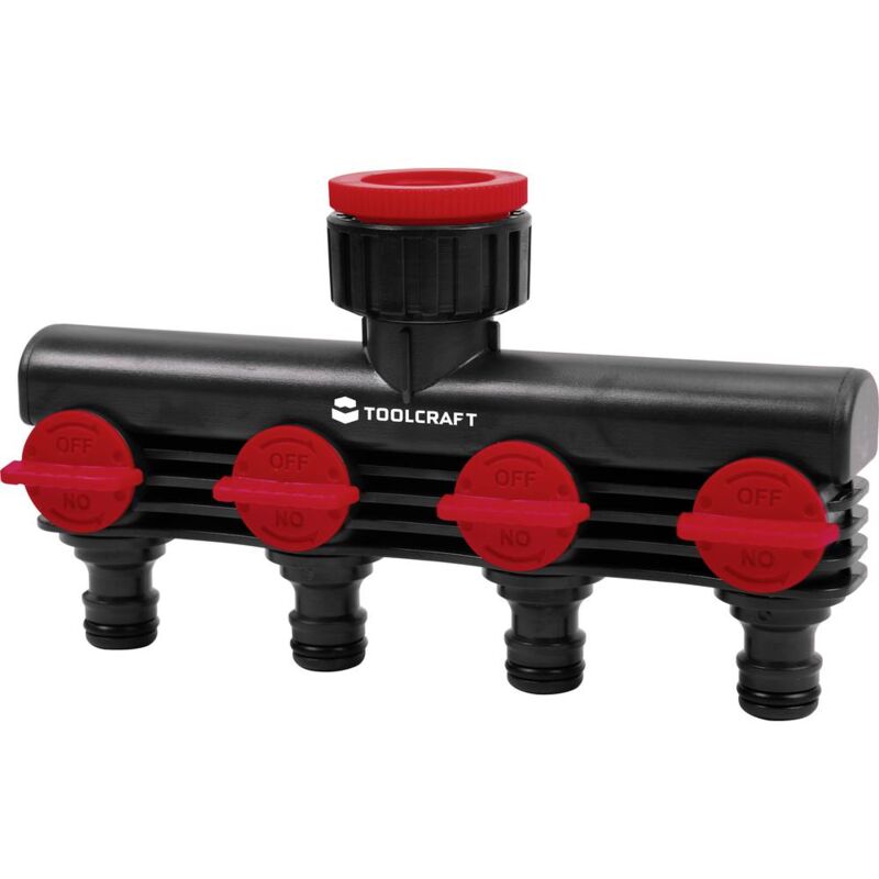 foto del prodotto toolcraft 2302371 plastica rubinetto a 4 vie 26,44 mm 3 4 ag, 33,25 mm 1 ag acquastop, con valvola di controllo