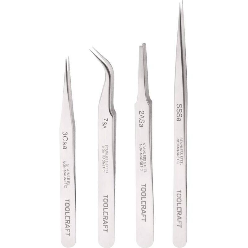 foto del prodotto toolcraft 816747 kit pinzette 4 parti ss sa, 2a sa, 7 sa, 3c sa piatte tonde, punte curve, piegate 55 , acuminate, acum