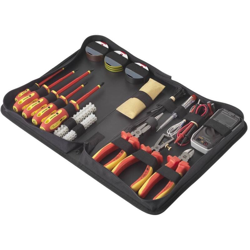 foto del prodotto toolcraft to 7762929 elettricisti, tuttofare kit utensili in custodia 50 parti con multimetro digitale voltcraft vc 22