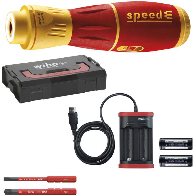 foto del prodotto toolland wiha giravite elettrico speede ii 7 pz. in l boxx mini con slimbit, batterie e caricabatterie usb 44318 