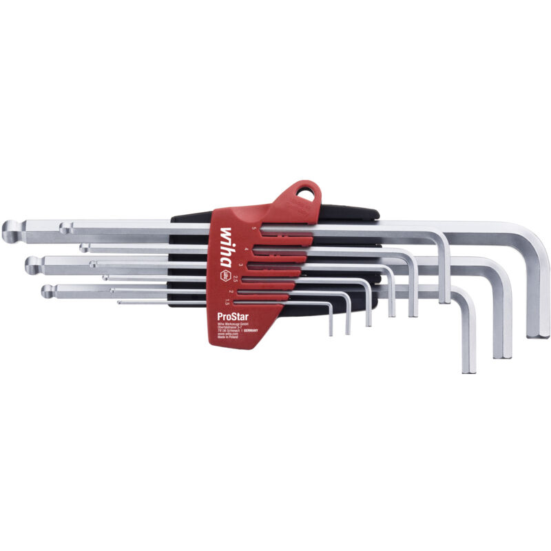 foto del prodotto toolland wiha set di chiavi a brugola in supporto prostar testa sferica esagonale, 9 pz., cromatura opaca in confezione di cartone da espositore