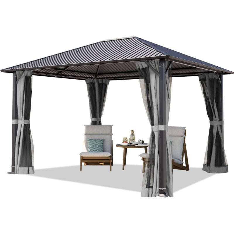 foto del prodotto toolport gazebo da giardino 3x3,65 m tetto hardtop in acciaio con teli laterali e zanzariere in grigio