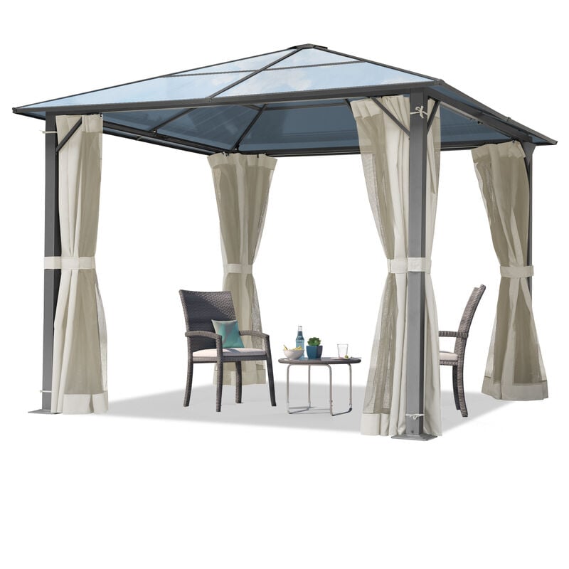 foto del prodotto toolport gazebo da giardino 3x3 m tetto di policarbonato da ca. 6 mm con teli laterali e zanzariere in crema