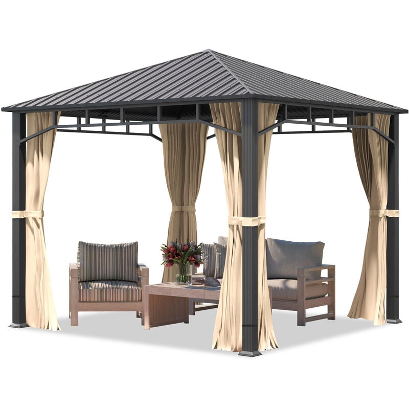 foto del prodotto toolport gazebo da giardino 3x3 m tetto hardtop in acciaio 4 teli laterali color crema, profilo ca. 90x90 mm