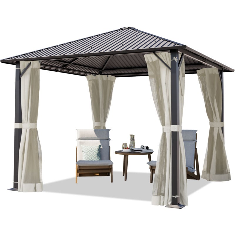 foto del prodotto toolport gazebo da giardino 3x3 m tetto hardtop in acciaio con teli laterali e zanzariere in crema