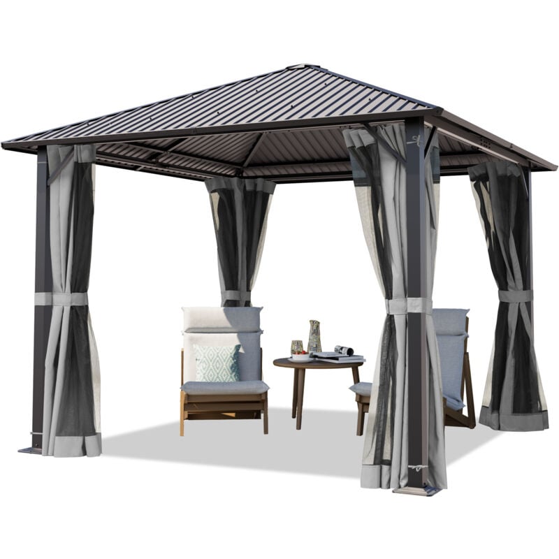 foto del prodotto toolport gazebo da giardino 3x3 m tetto hardtop in acciaio con teli laterali e zanzariere in grigio
