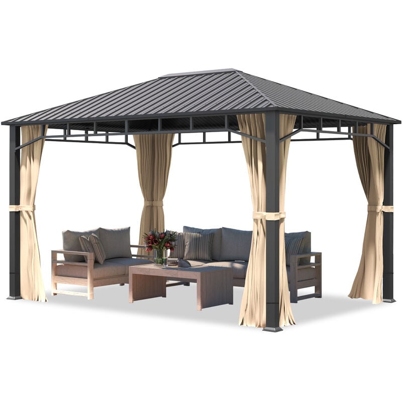 foto del prodotto toolport gazebo da giardino 3x4 m tetto hardtop in acciaio 4 teli laterali color crema, profilo ca. 90x90 mm