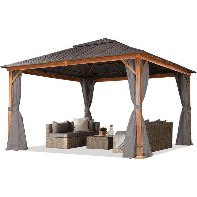 foto del prodotto toolport gazebo da giardino 4x4 m look legno, tetto hardtop in acciaio, 4 teli laterali color grigio