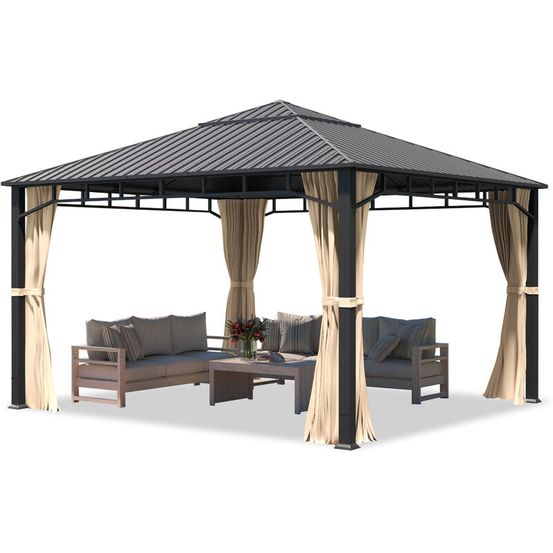 foto del prodotto toolport gazebo da giardino 4x4 m tetto hardtop in acciaio 4 teli laterali color crema, profilo ca. 90x90 mm