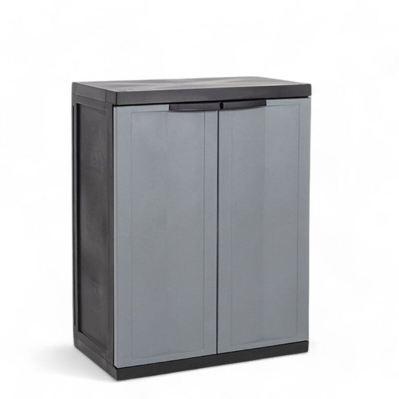 foto del prodotto toomax - armadio basso a 2 ante con ripiano regolabile in altezza resistente ai raggi uv per interni lucchettabile nero grigio