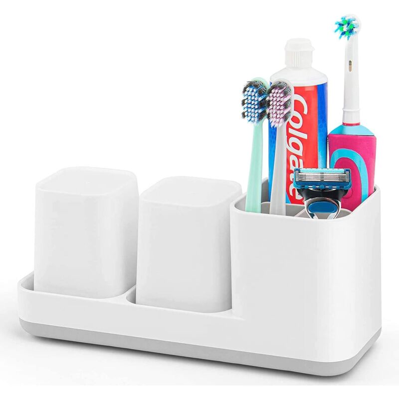 foto del prodotto toothbrush holder, toothbrush and toothpaste holder, tooth tumbler, 2 bathroom tooth tumblers, plastic, white