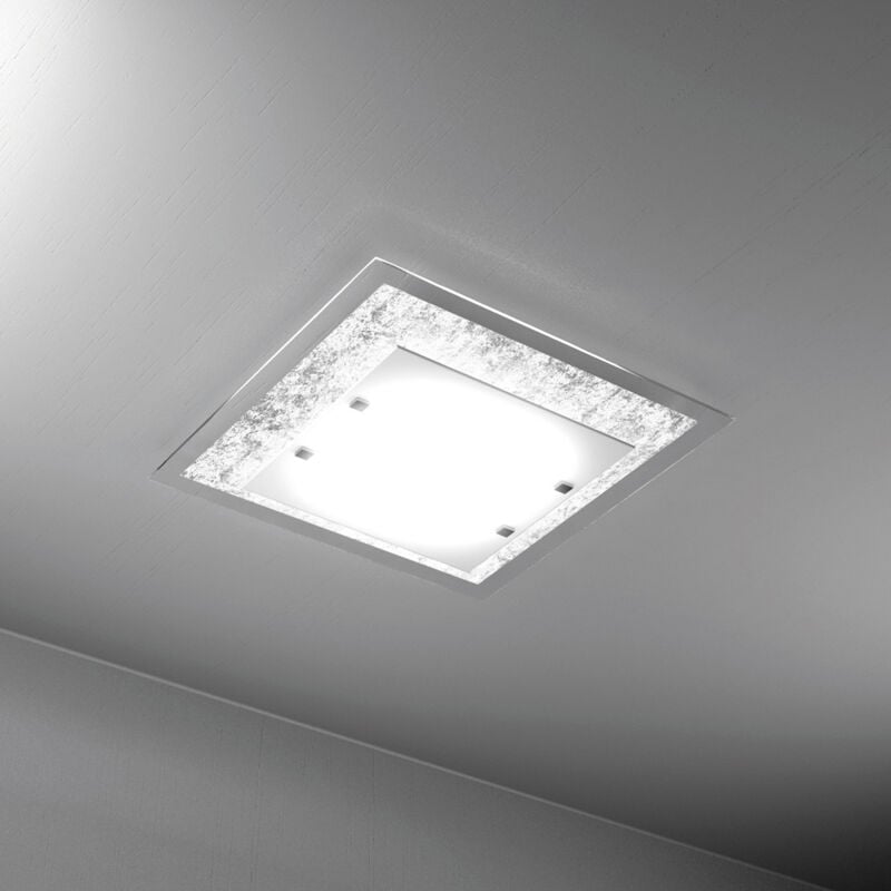 foto del prodotto top light plafoniera moderna tray metallo bianco vetro foglia argento 2 luci e27