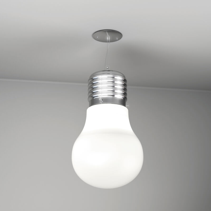 foto del prodotto top light toplight lampadario a sospensione big lamp 1 luce e27 in vetro bianco e metallo cromato, altezza regolabile, design a forma di lampadina