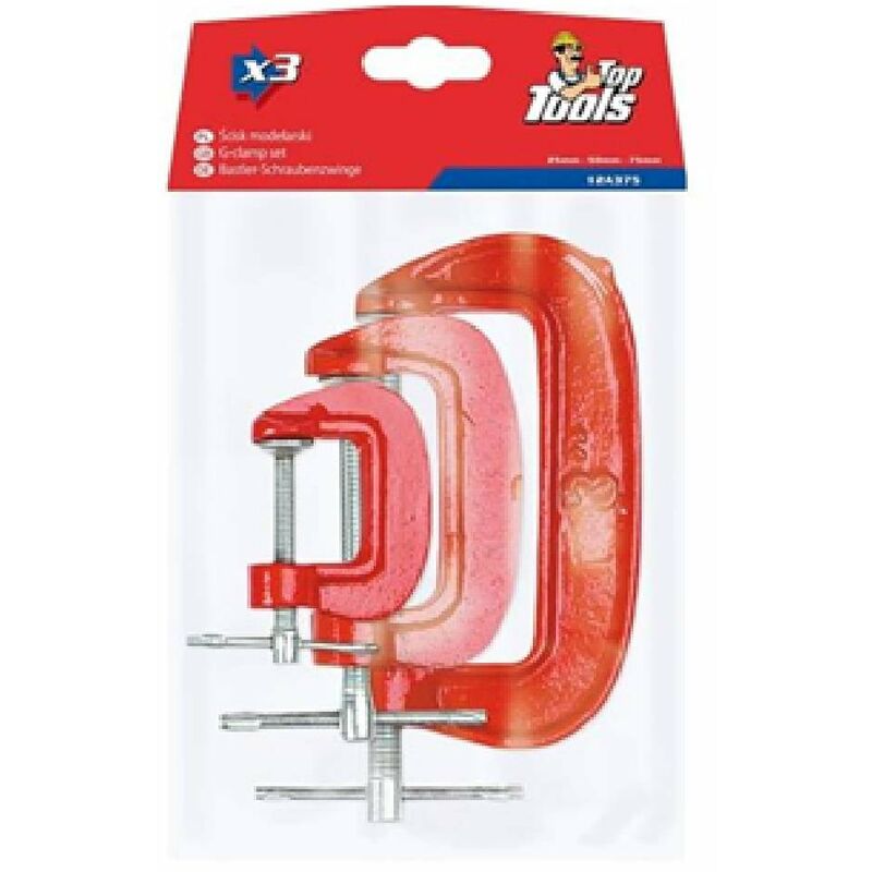 foto del prodotto top tools morsetti a c in metallo verniciato con apertura 25 50 75 mm in serie da tre pezzi