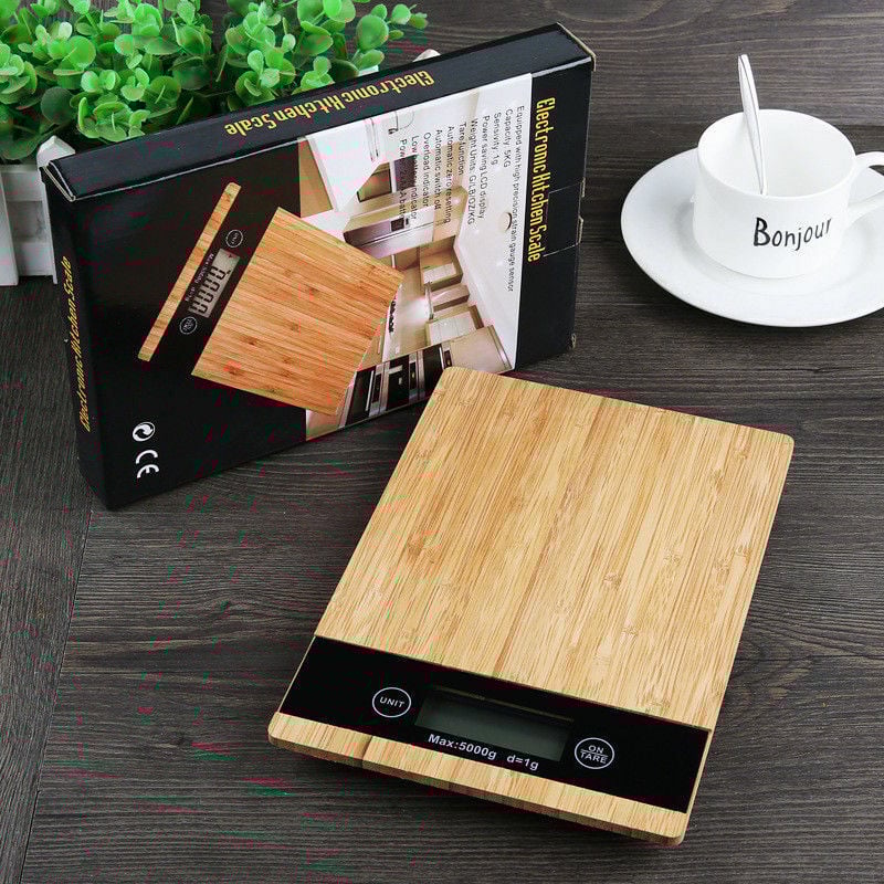 foto del prodotto topolenashop bilancia digitale lcd piatto ripiano in legno 5 kg da 1 gr a 5 kg
