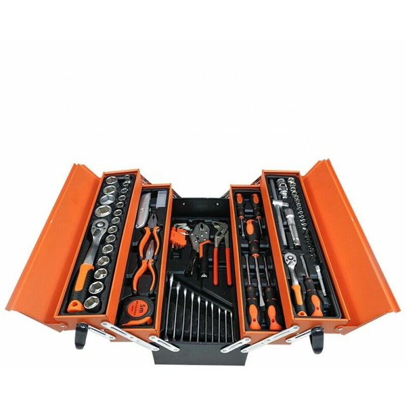 foto del prodotto topolenashop cassetta attrezzi completa di 85 utensili a 5 scomparti chiavi cricchetti pinze